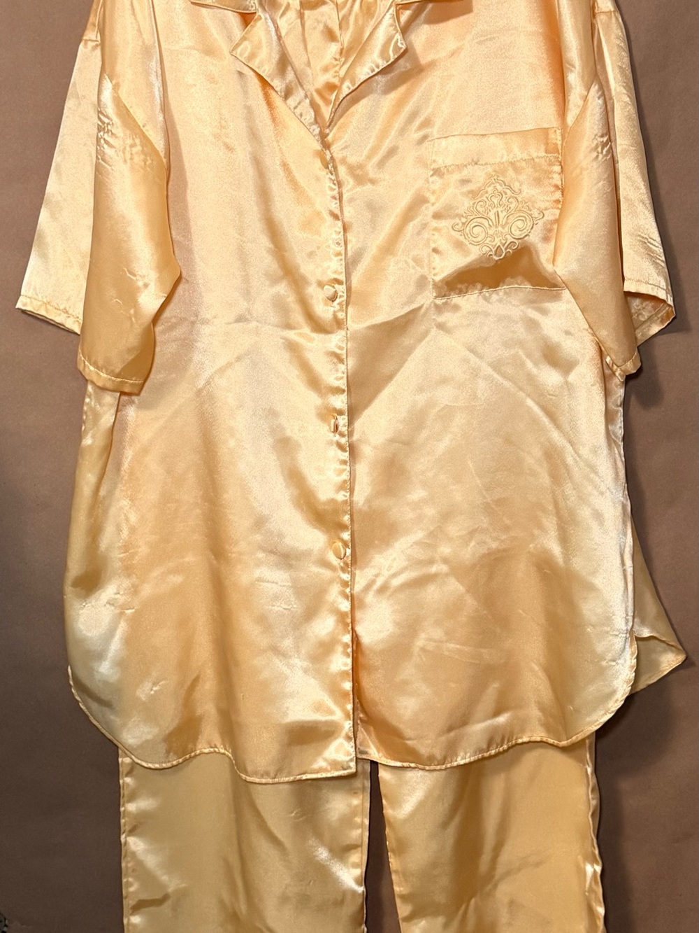 Vintage Satin Pajama Set Butter Yellow Short Sleeve Button Top Pants
